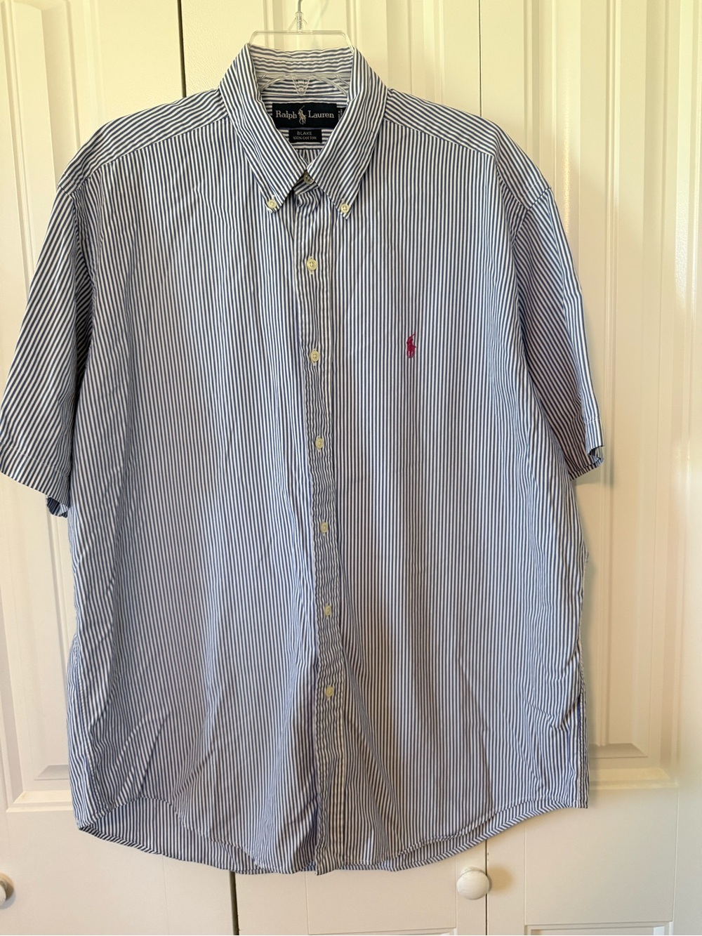 Ralph Lauren Blue and White Striped Short-Sleeve Button-Down Shirt with Red Pony